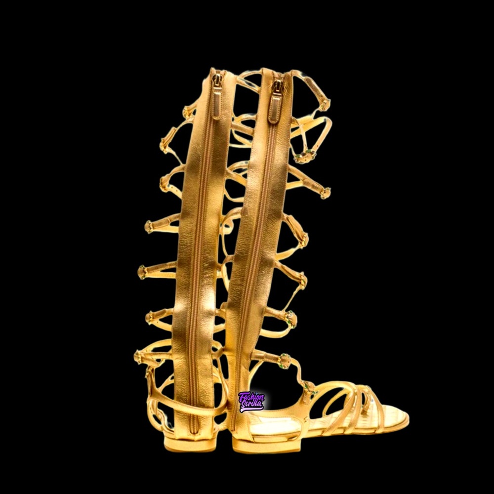 Chanel Leather Knee High Gripoix Embellished ‘CC’ Logo Gold Gladiator Sandals - Picture 6 of 12